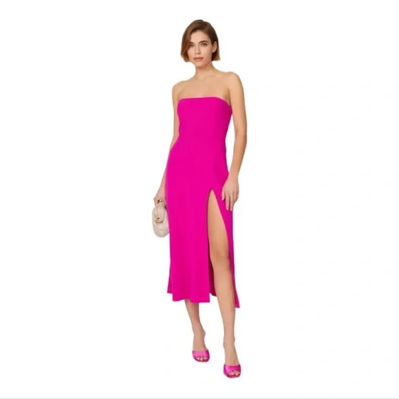 NEW AMANDA UPRICHARD Mandy Midi Dress Strapless High Slit Barbie Pink Small - Picture 2 of 8
